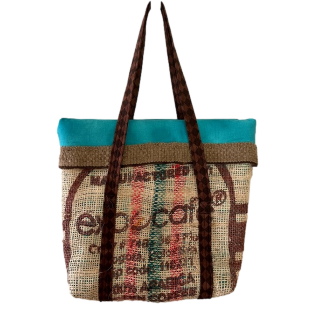 NWOT Handcrafted Tote from Burlap Coffee Bean Shipping Bags- Turquoise & Pink